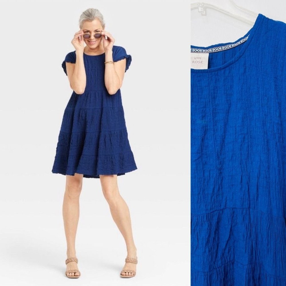 Knox Rose Women's Dress Small Blue Mini Textured Tiered A-Line Short Sleeve New